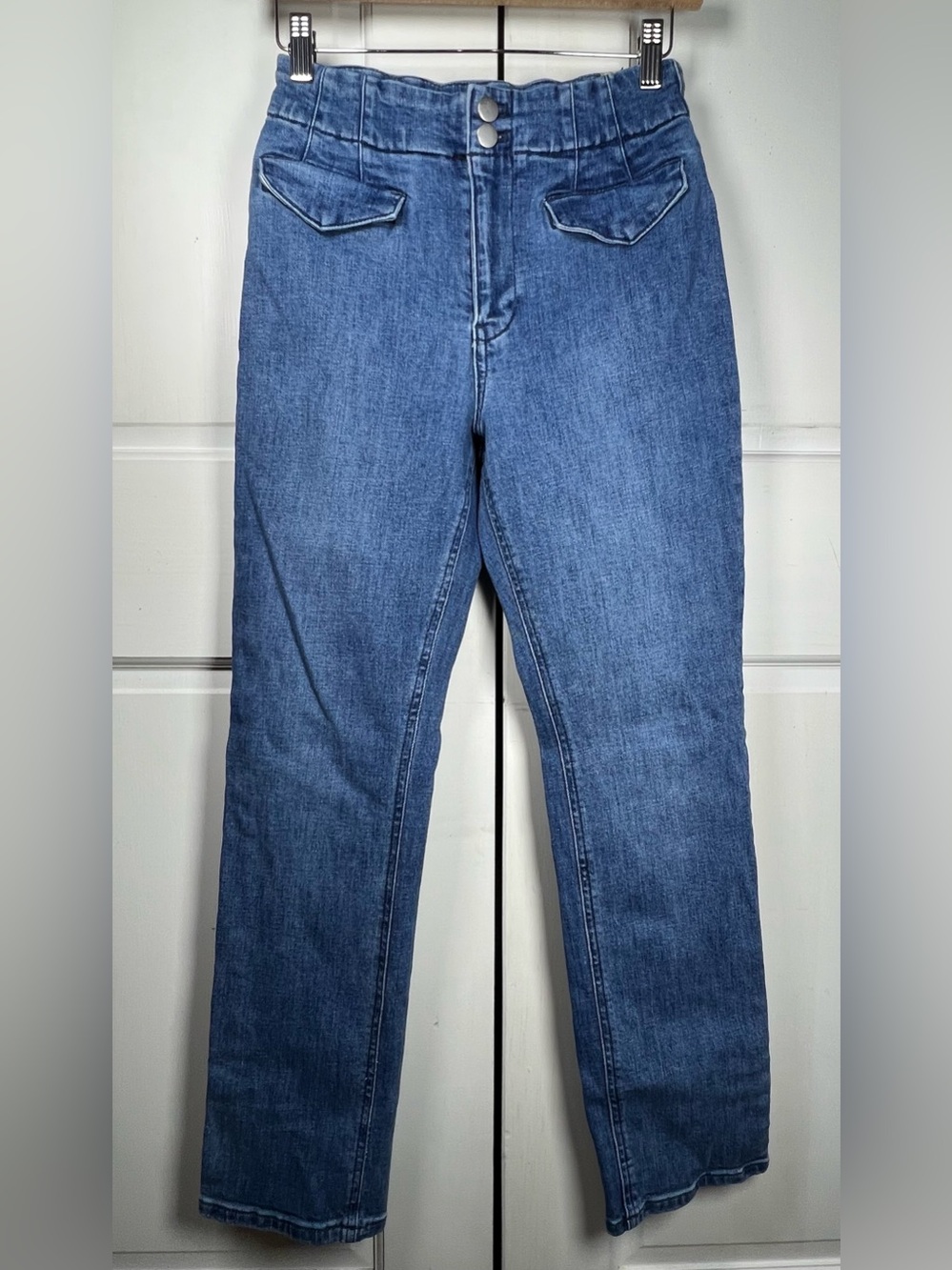 ANTHROPOLOGIE MAEVE BOMBSHELL JEANS Straight High Rise Stretch Med Wash Sz 27